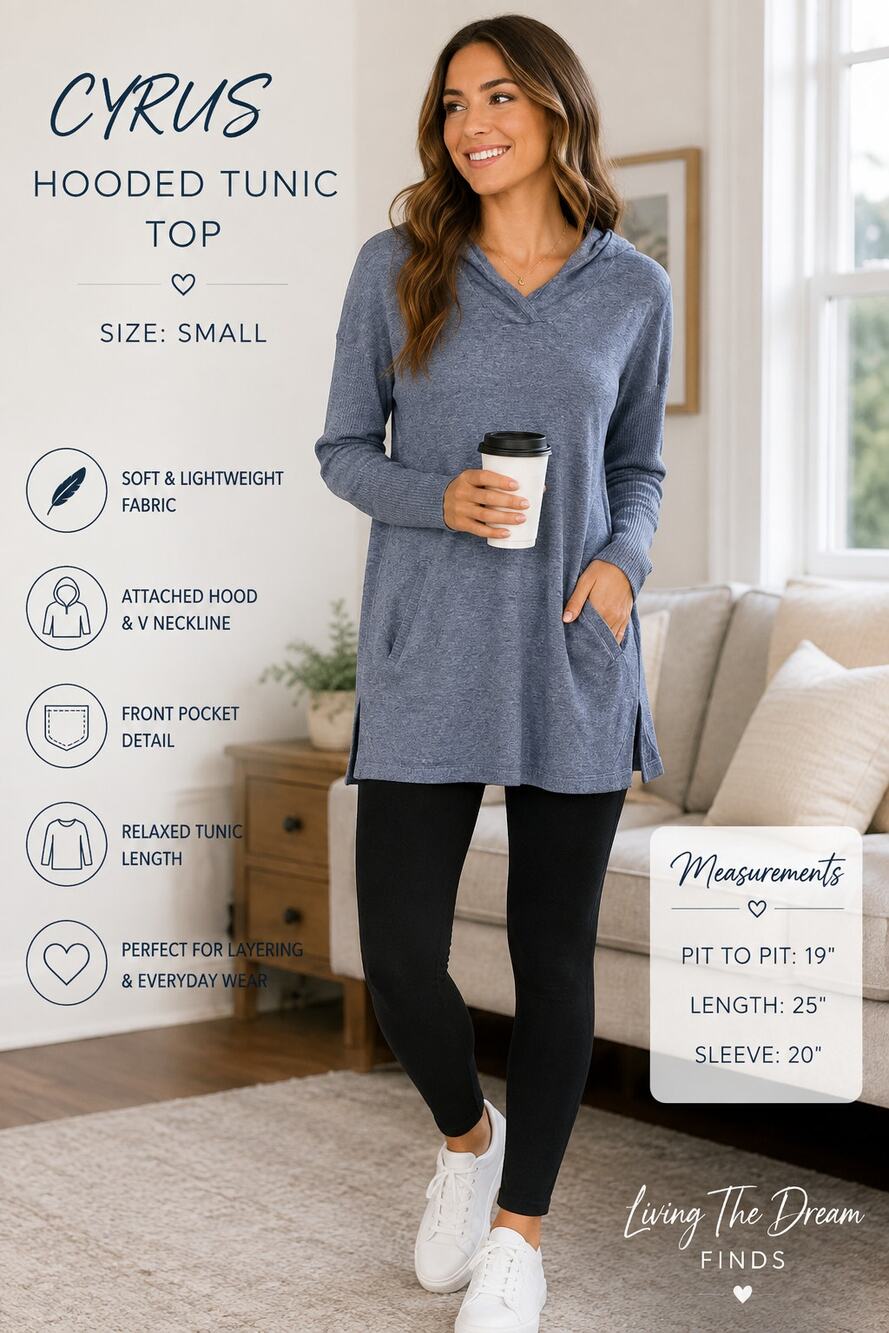 CYRUS Women’s Small Blue Heathered Hooded Tunic Sweater Long Sleeve Pocket Top